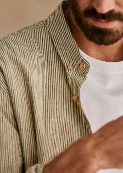Sezane Chemises rayures|Chemises seersucker|Chemise Charlie Seersucker Coton Lin Rayures fines Kaki Marine Beige