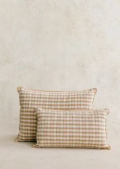 Sezane Les Tissus|Coussin Tissé Pianissimo -  Grand Modèle Carreaux Tissés Café et Blush -  Rayures Tissées Blush
