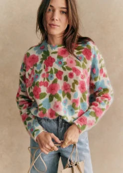 Sezane Maille|Pull Janelia Fleurs Rose / Turquoise
