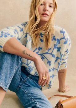 Sezane Maille|Pull Pelagie Ecru Fleurs Bleu