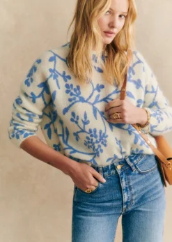 Sezane Maille|Pull Pelagie Ecru Fleurs Bleu