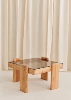 Sezane La Sélection Vintage|Table Basse Carrée Vintage Pin et verre fumé