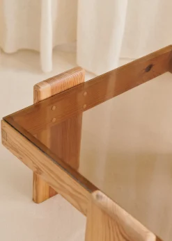 Sezane La Sélection Vintage|Table Basse Carrée Vintage Pin et verre fumé