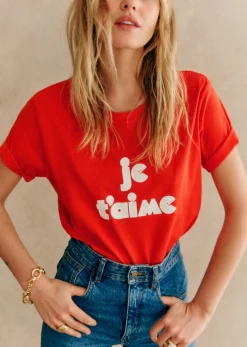 Sezane T-shirts|T-Shirt Je T'aime - Création Rose Rouge / Ecru